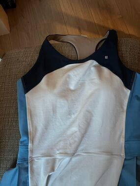 Blue and White 
Lululemon Court Champ Racerback tennis dress.